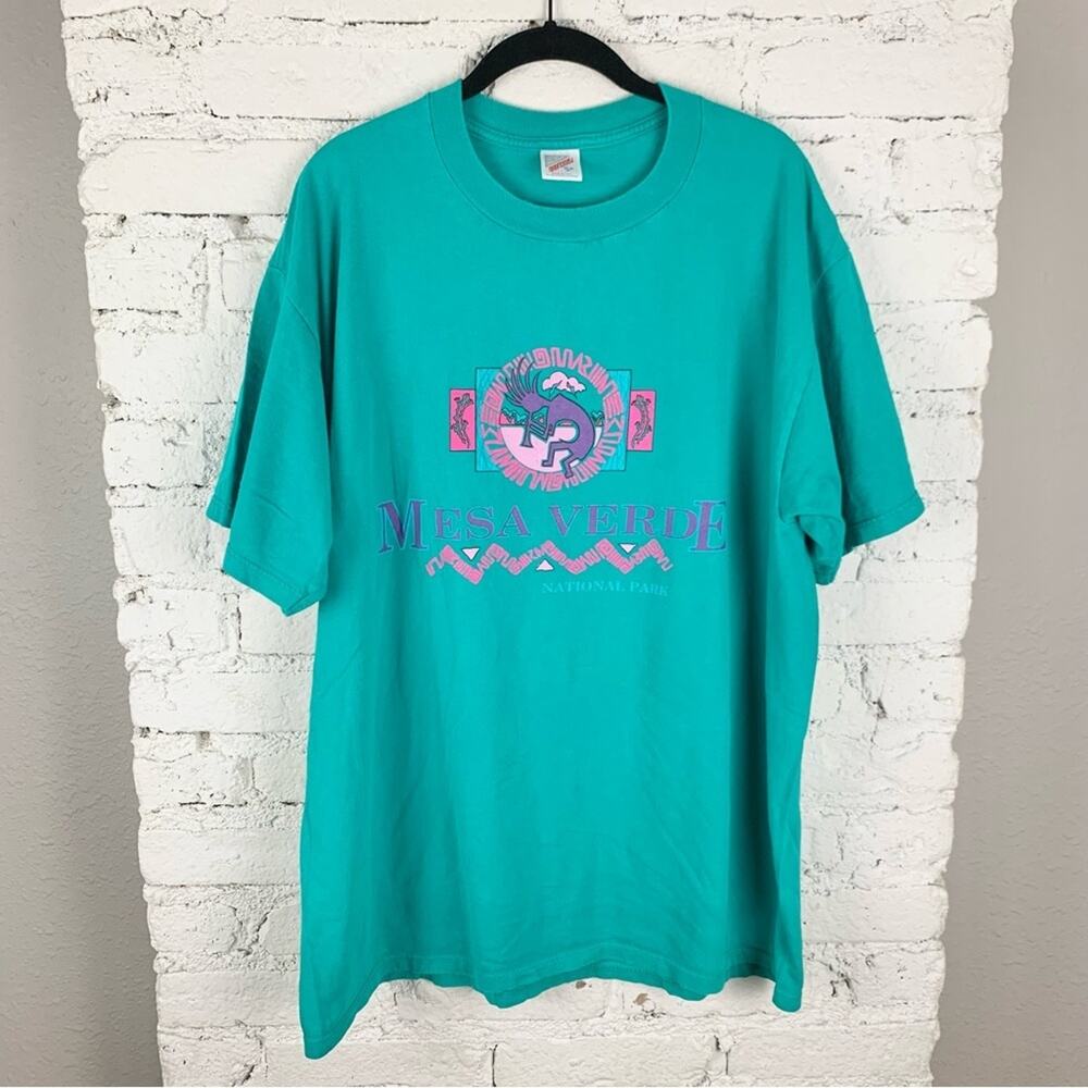 Vintage Mesa Verde National Park Aztec Teal Blue Short Sleeve Cotton Tee XL